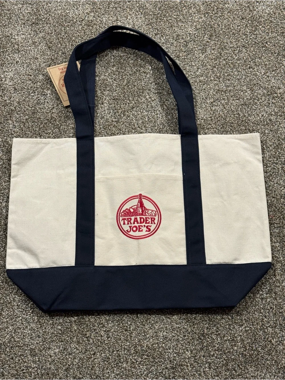 Trader Joe’s: Canvas Large Tote Bag in Navy and Cream NEW WITH TAGS (21”x11”)